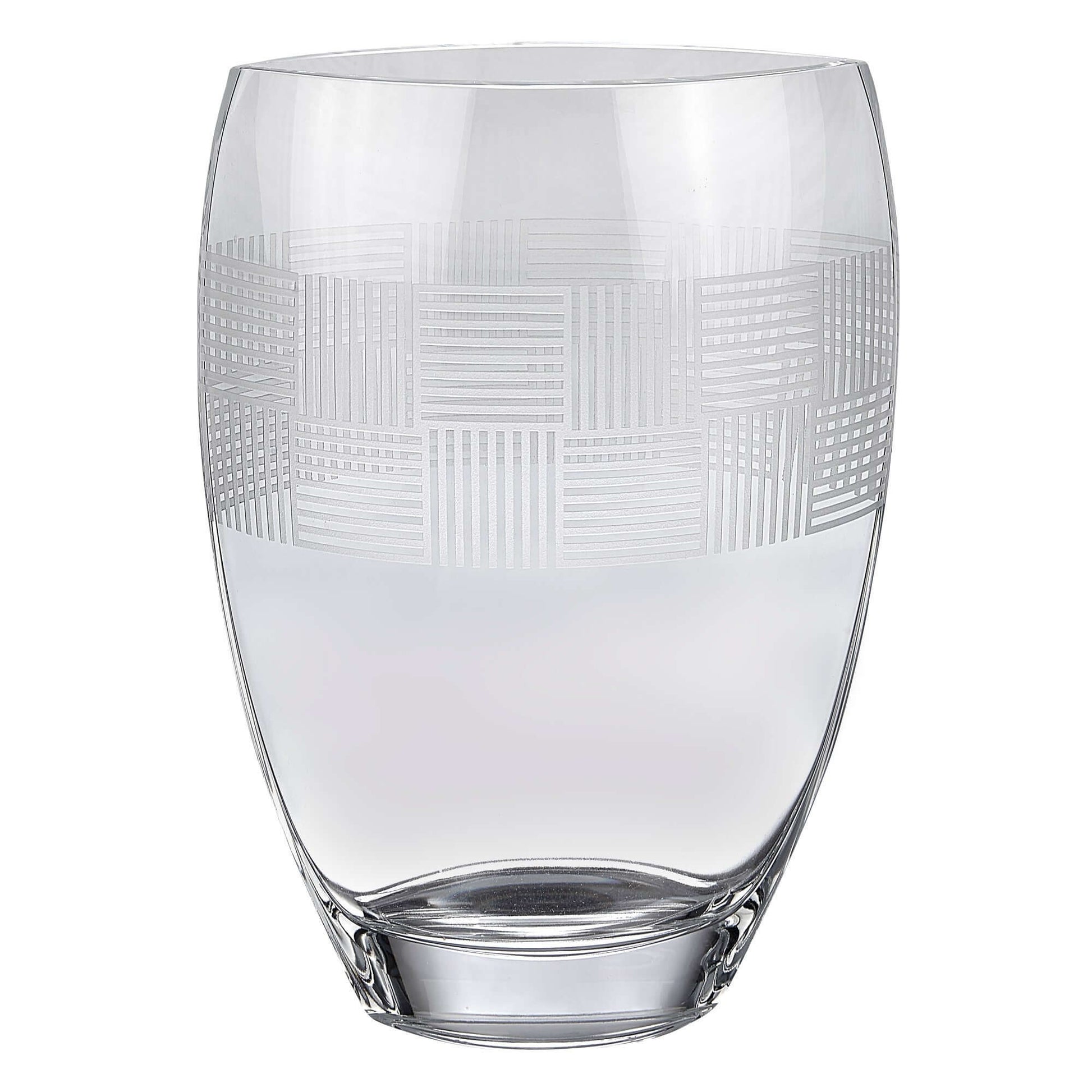 12" geometric pattern oval crystal table vase with contemporary design.