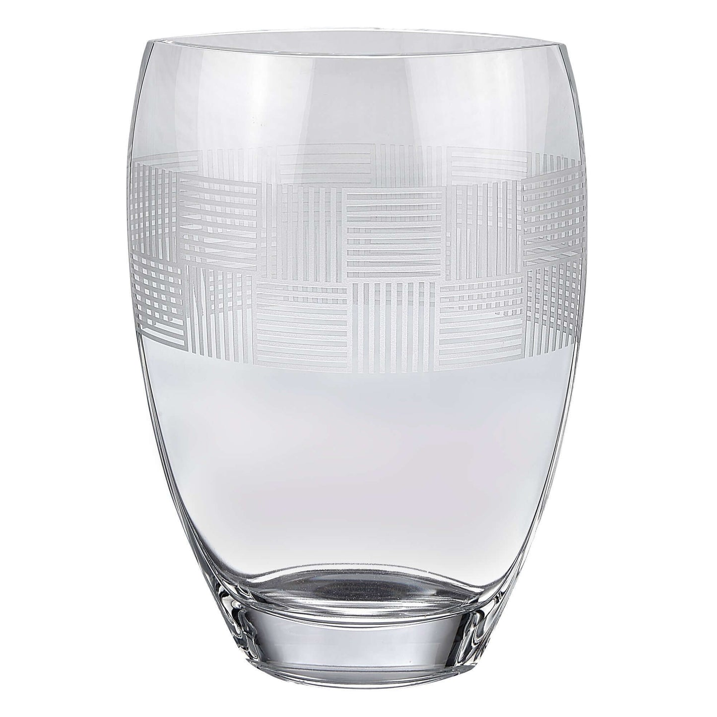 12" clear crystal table vase with geometric pattern.