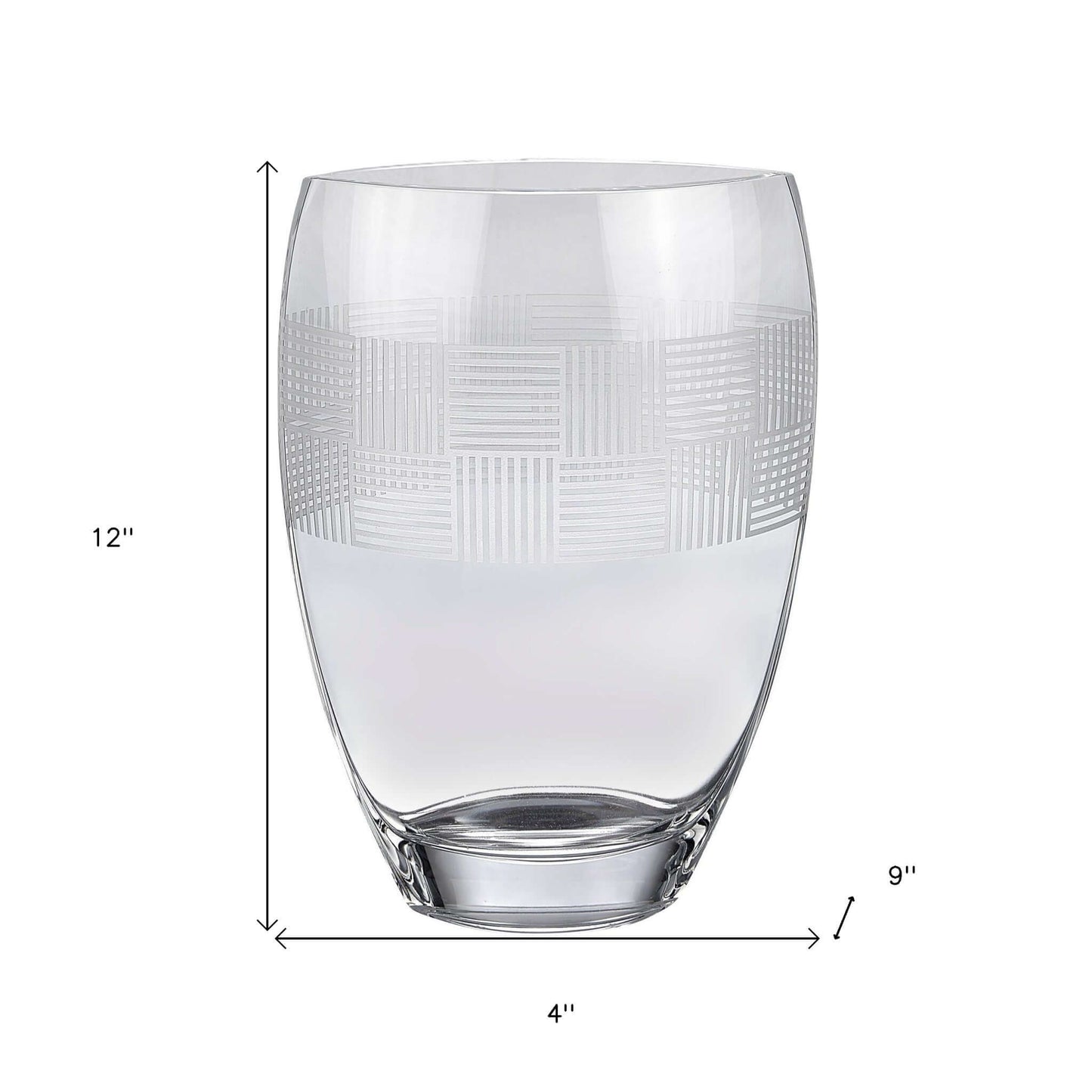 12" geometric pattern oval crystal table vase with clear glass design.