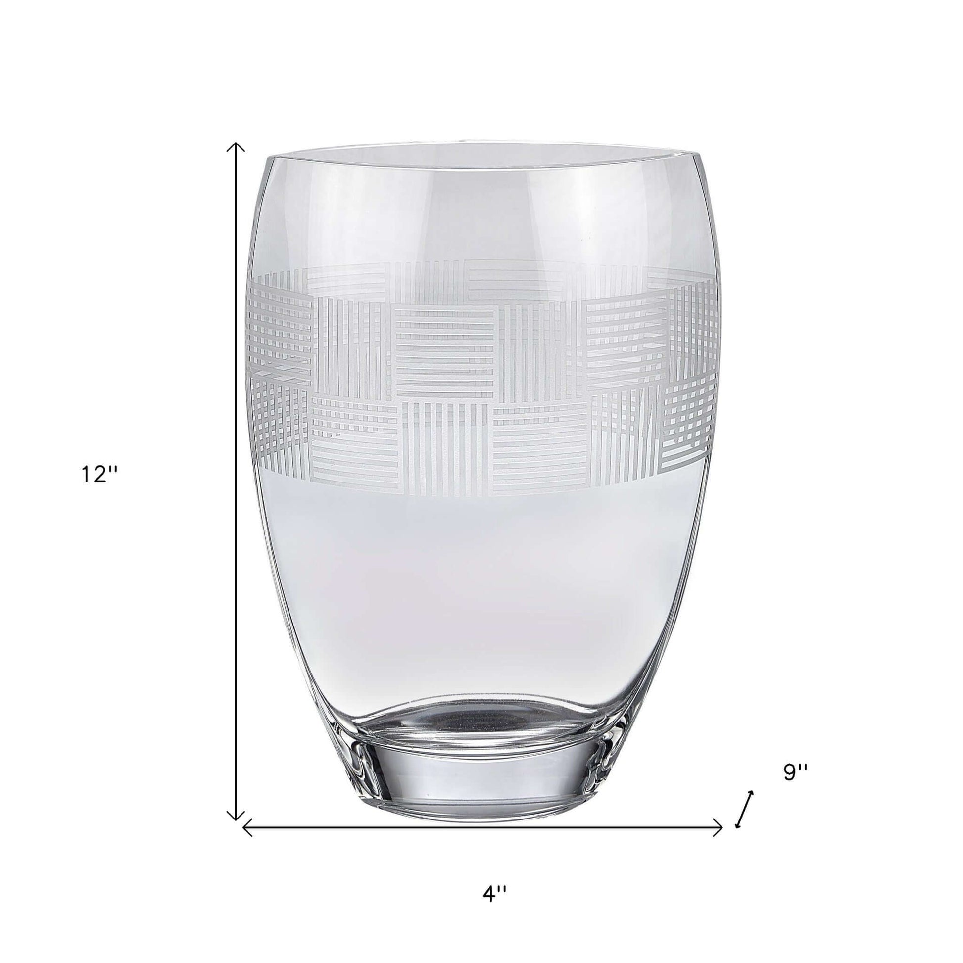 12" geometric pattern oval crystal table vase with clear glass design.