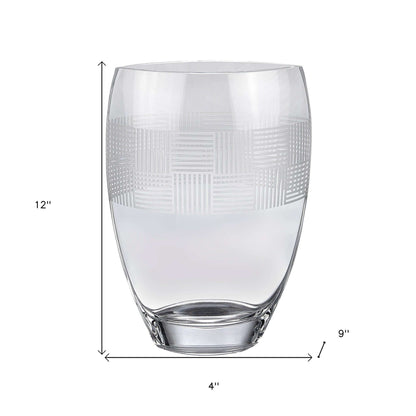 12" geometric pattern oval crystal table vase with clear glass design.