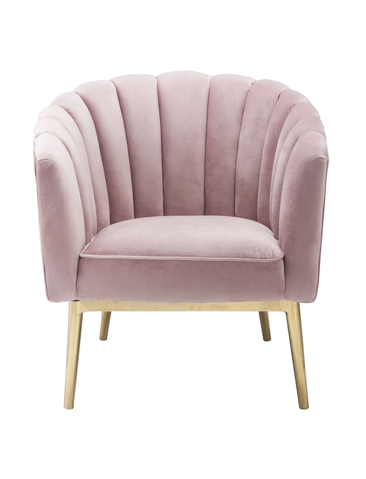 Pink and copper velvet tufted barrel chair with armrests and metal frame.