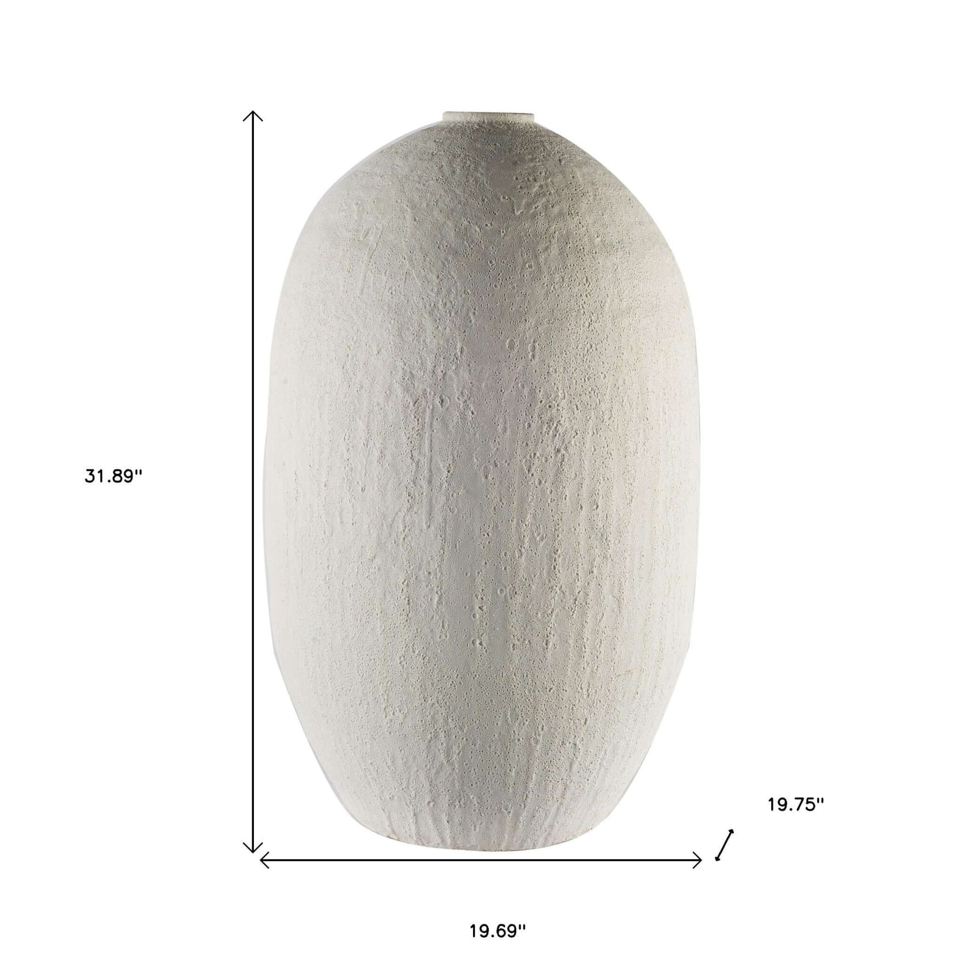 32" narrow white textured ceramic vase in modern oval shape with intricate design.