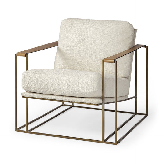 34" cream and gold linen lounge chair with metal frame and cushioned arms for comfort.