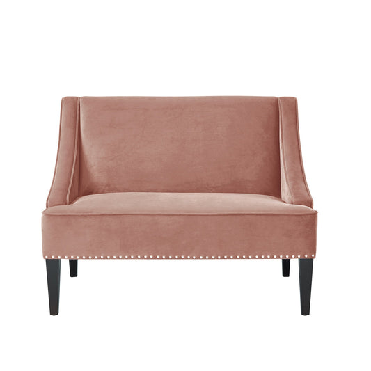 45" blush and brown upholstered velvet bench with back and solid wood base.