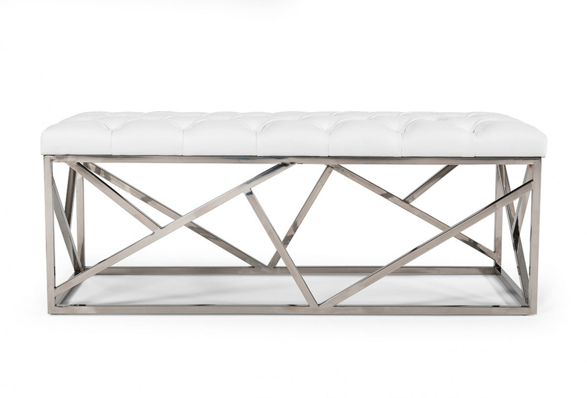 48" white and silver upholstered faux leather bench with chrome geometric base.