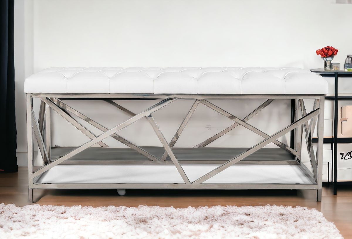 48" white and silver upholstered faux leather bench with chrome geometric base.