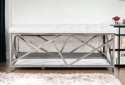 48" white and silver upholstered faux leather bench with chrome geometric base.