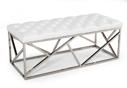 48" white and silver upholstered faux leather bench with chrome geometric base.