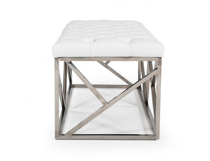 48" white and silver upholstered faux leather bench with geometric chrome base.