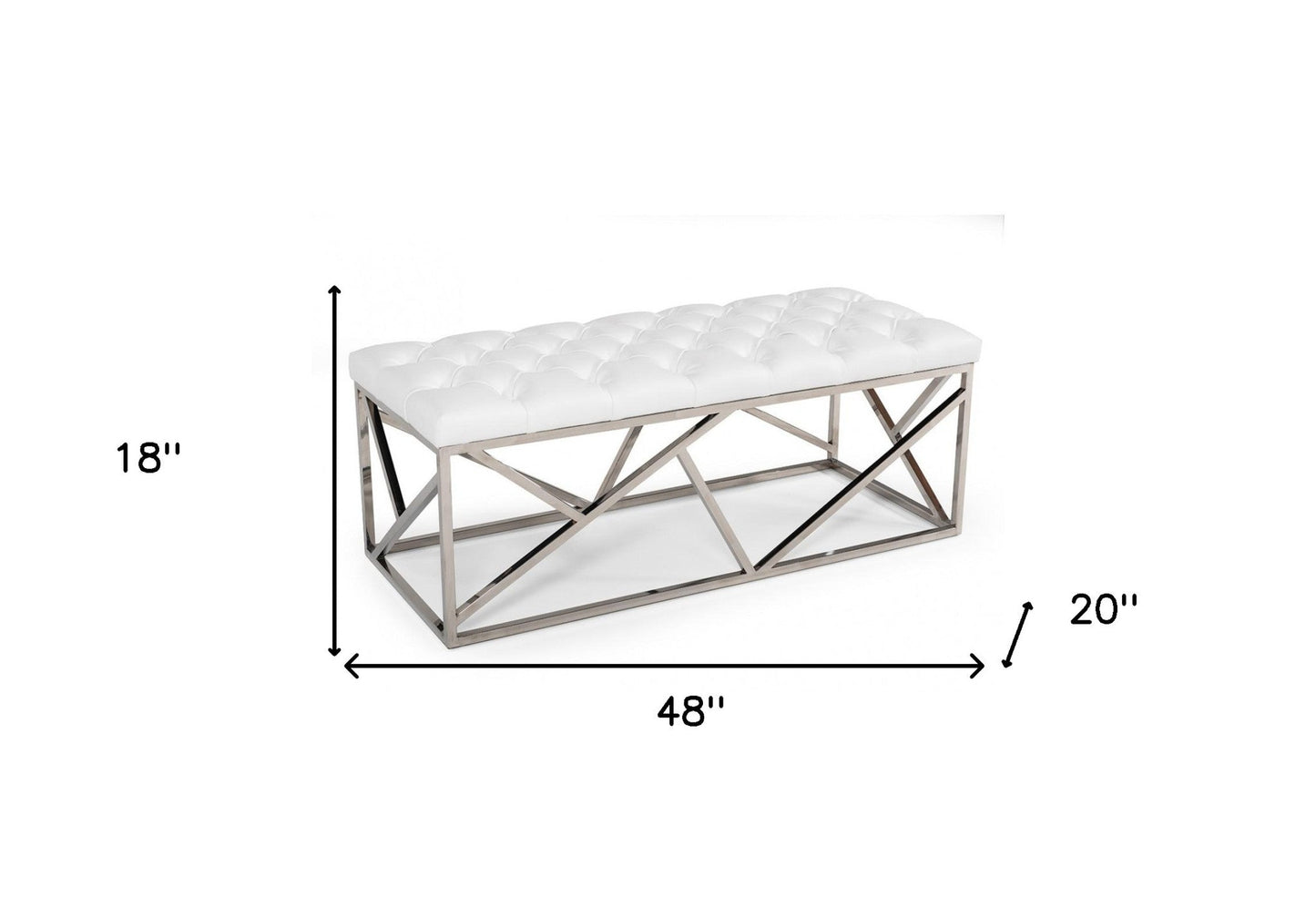 48" white and silver upholstered faux leather bench with chrome geometric base.