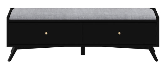 59" black and gray upholstered polyester blend bench with storage drawers.