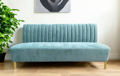 71" light gray velvet sofa with gold legs, tufted back, modern armless design.