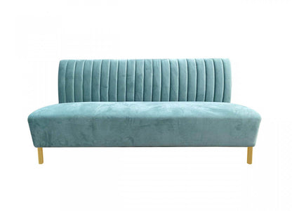 71" light gray velvet sofa with gold legs, armless design, tufted back, seats 3.