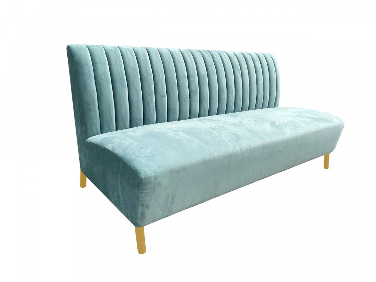 71" light gray velvet sofa with gold legs and tufted stitching.