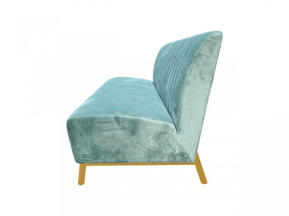 71" light gray velvet sofa with tufted back and gold metal legs.