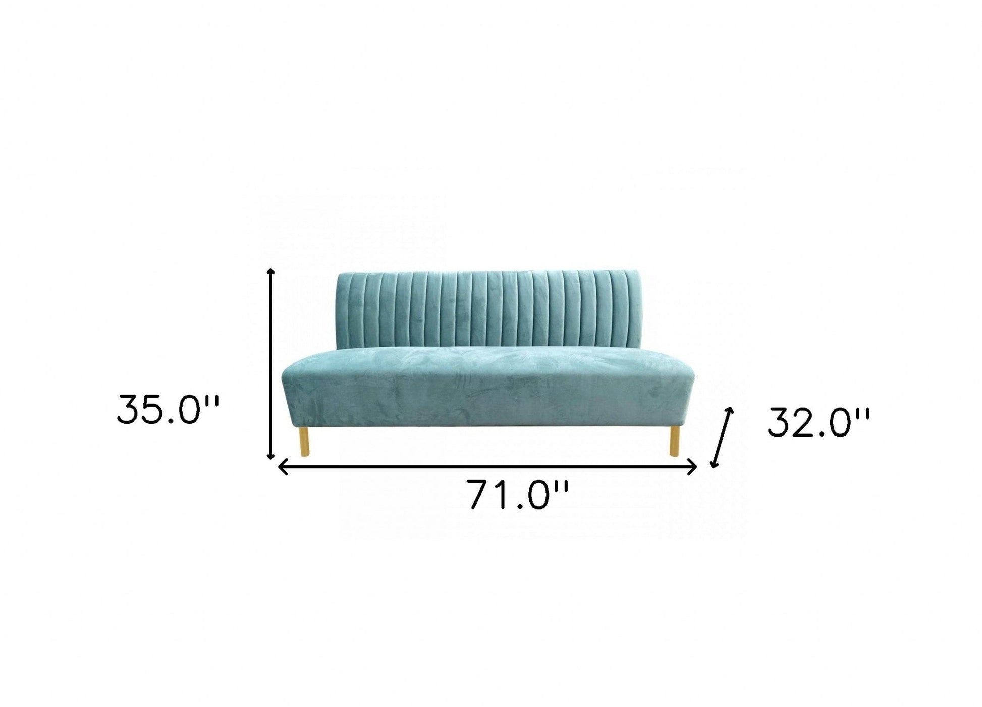 71-inch light gray velvet sofa with gold legs and tufted design, seats three comfortably.