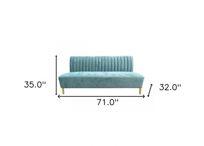 71-inch light gray velvet sofa with gold legs and tufted design, seats three comfortably.