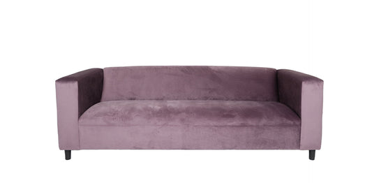 72" lavender velvet sofa with black legs, featuring soft upholstery and square arms for comfort and style.