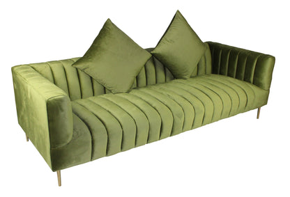 90" olive green velvet sofa with gold legs and toss pillows, featuring a biscuit back and round arms.