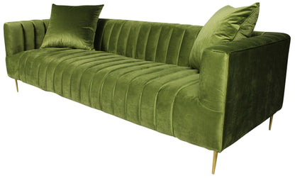 90" olive green velvet sofa with gold legs and toss pillows.