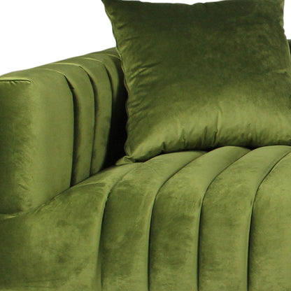 90" olive green velvet sofa with gold legs and toss pillows