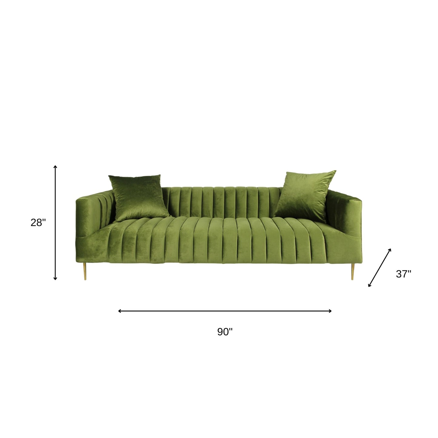 90" olive green velvet sofa with gold legs and toss pillows, featuring a biscuit back and round arms, luxury upholstery, and durable construction.