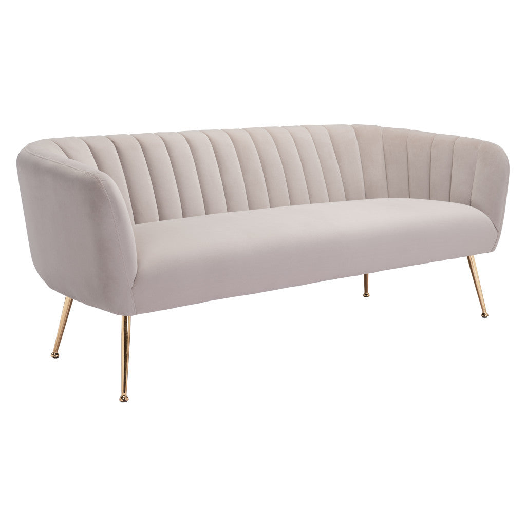 70" beige velvet sofa with gold legs and tufted back design