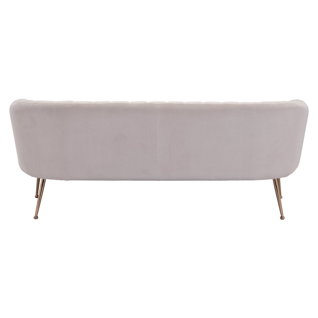 70-inch beige velvet sofa with gold legs, tufted back, and contemporary design.