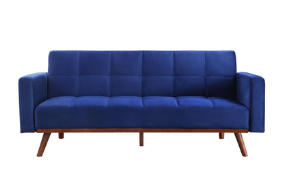 76" blue velvet convertible futon sleeper sofa with brown legs, tufted design.