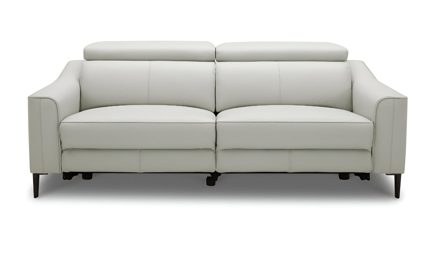 74" gray leather reclining sofa with black legs and flared arms, contemporary design.