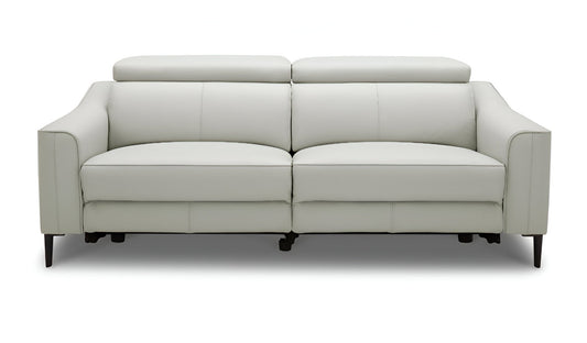 74" gray leather reclining sofa with black legs and flared arms, contemporary design.