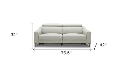 74" gray leather reclining sofa with black legs, high-grade leather, contemporary design, power reclining feature.