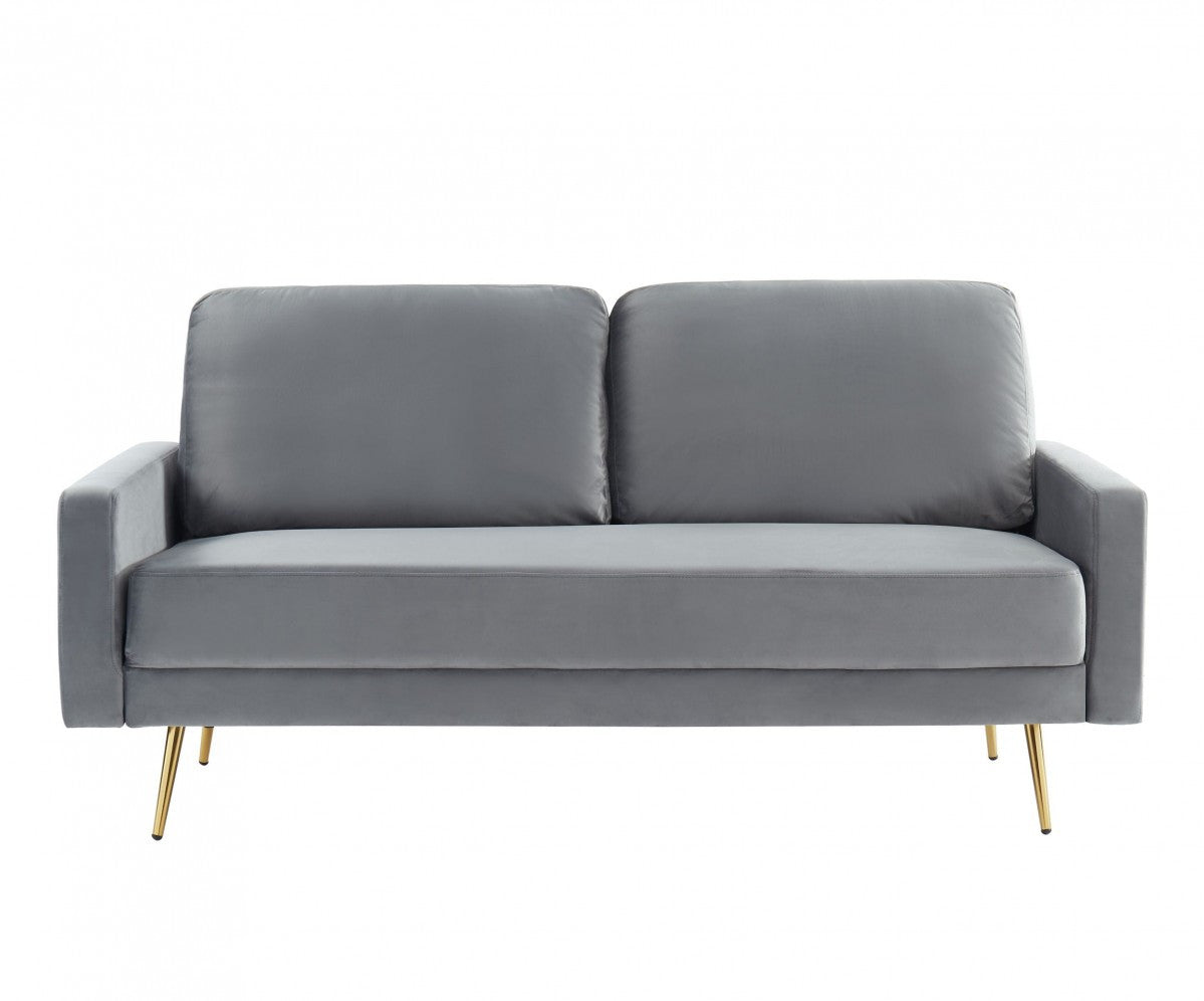 72" gray velvet sofa with brass legs, elegant upholstery, contemporary design.