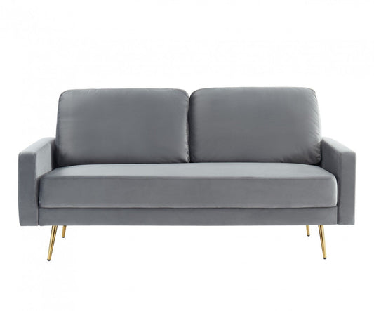 72" gray velvet sofa with brass legs, elegant upholstery, contemporary design.