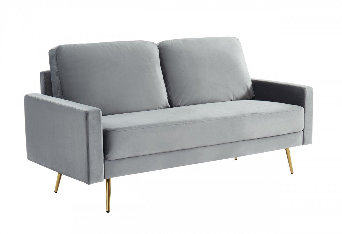 72" gray velvet sofa with brass legs and pillow back design