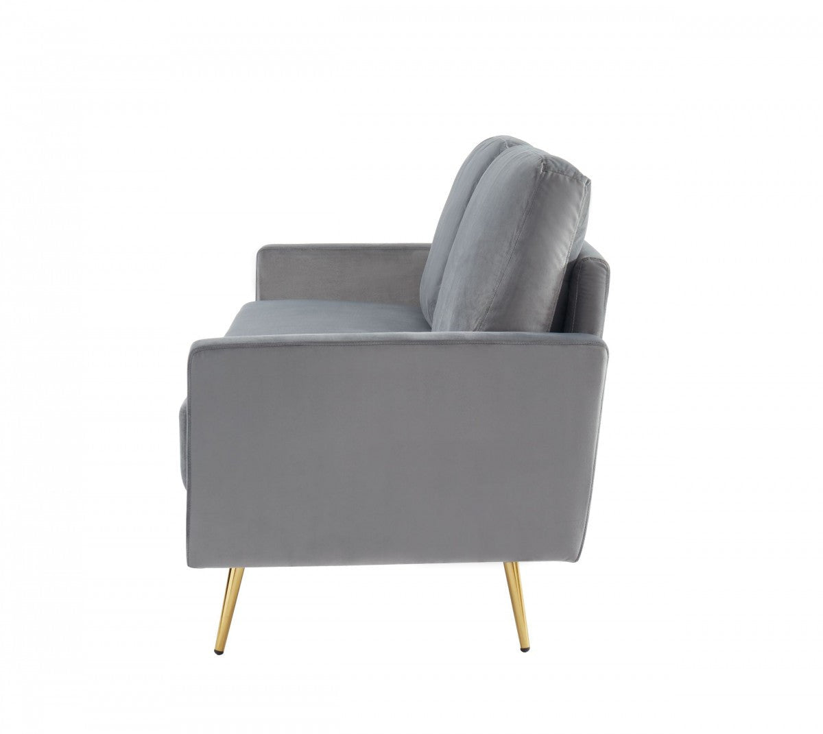 72" gray velvet sofa with brass legs, featuring pillow back and square arm design.