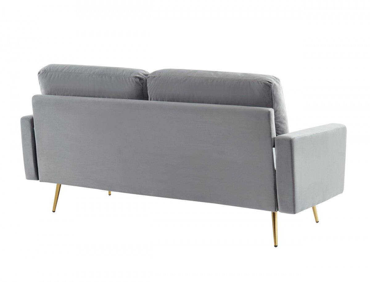 72" gray velvet sofa with brass legs and square arms.