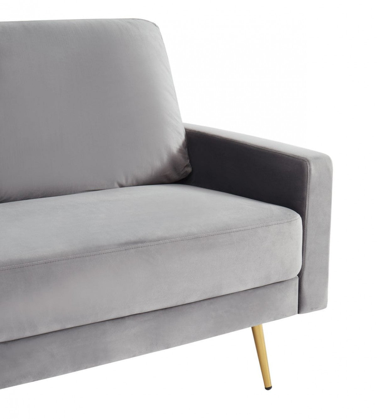 72" gray velvet sofa with brass legs and soft upholstery.