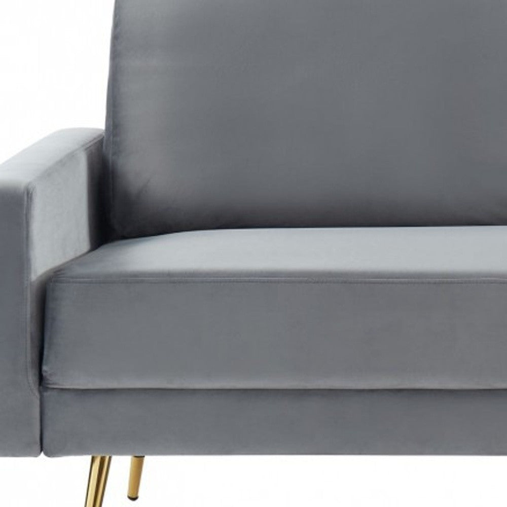 72" gray velvet sofa with brass legs and pillow back design