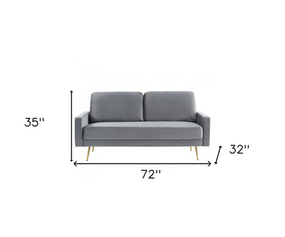 72" gray velvet sofa with brass legs, pillow back, square arm, elegant design.