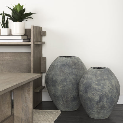 Kyros Gray 28" Earthy Ceramic Oval Vase with matte finish and ruffled edges in modern decor setting.