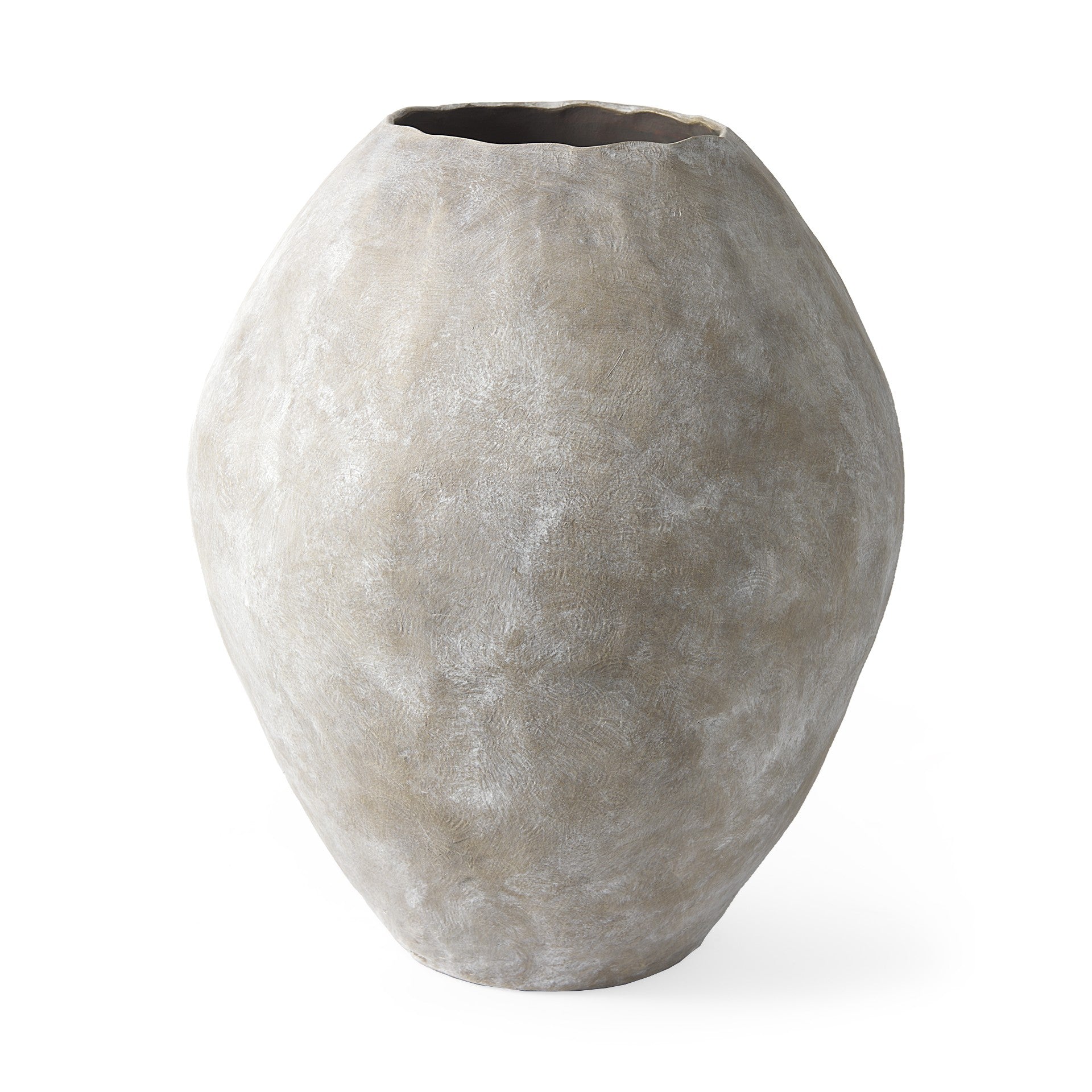 Kyros Natural Wash Earthy Ceramic Oval Vase with beige and tan tones, 28 inches tall, featuring a whitewash finish and slightly ruffled edges.