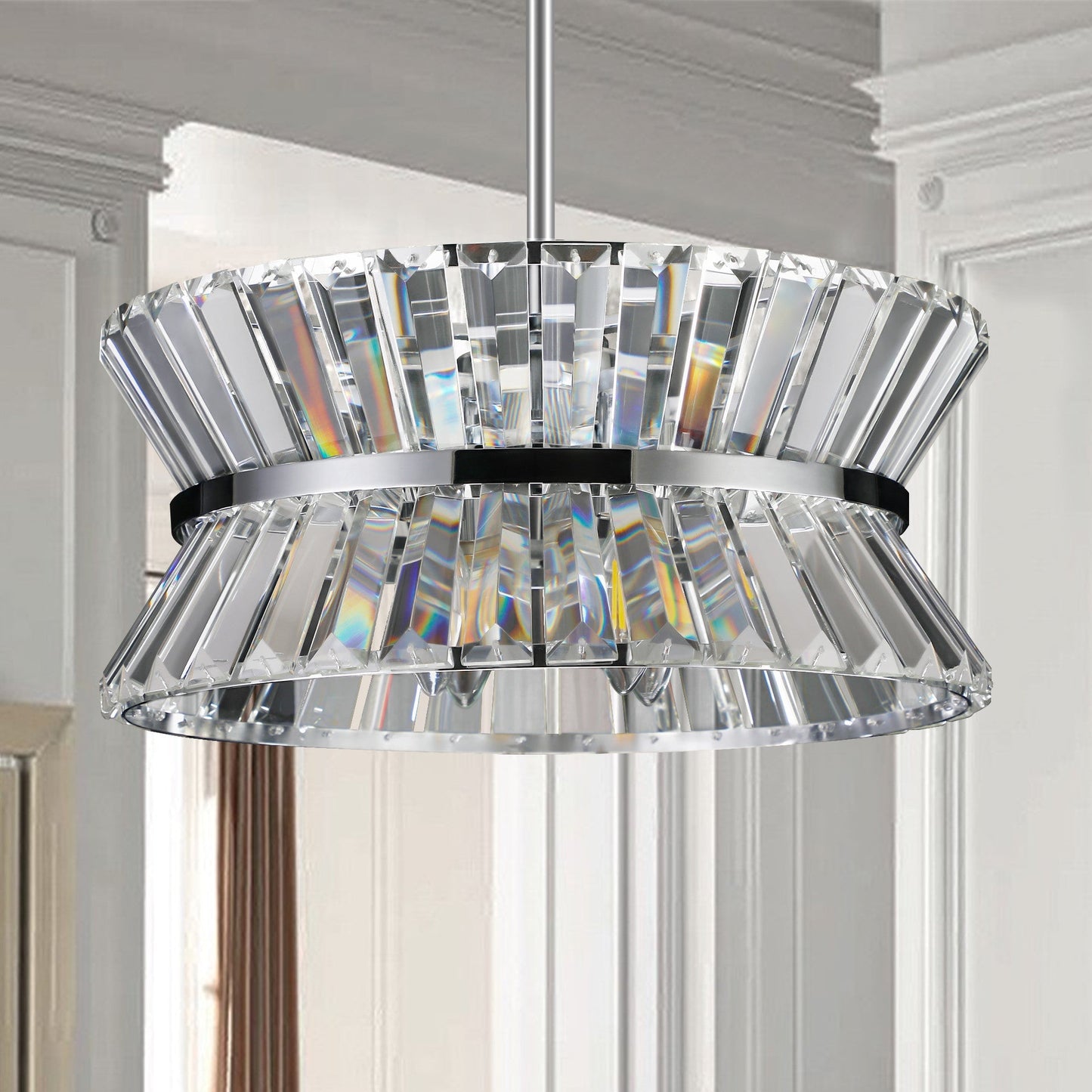 Modern crystal chandelier with K9 crystals and metal frame in living room setting.