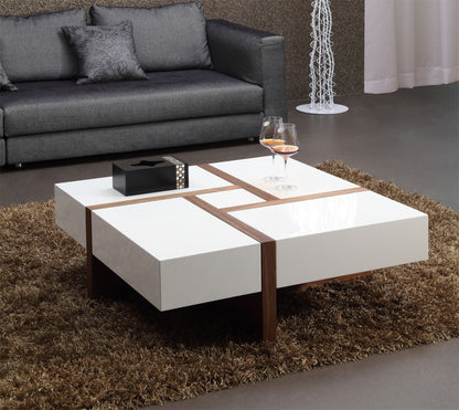 Modern White and Walnut Square Coffee Table with Storage