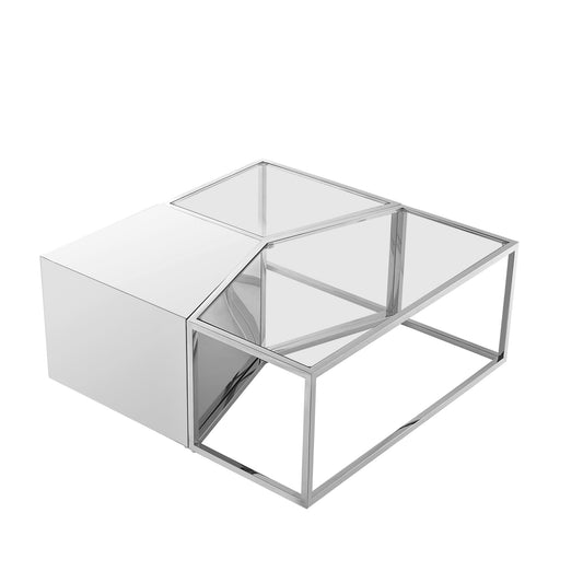 Set of Three 37" Clear And Silver Glass And Stainless Steel Square Mirrored Bunching Coffee Tables