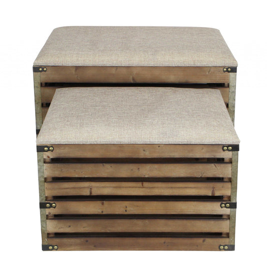 Set of two brown wood slat and upholstery storage benches with flip top.