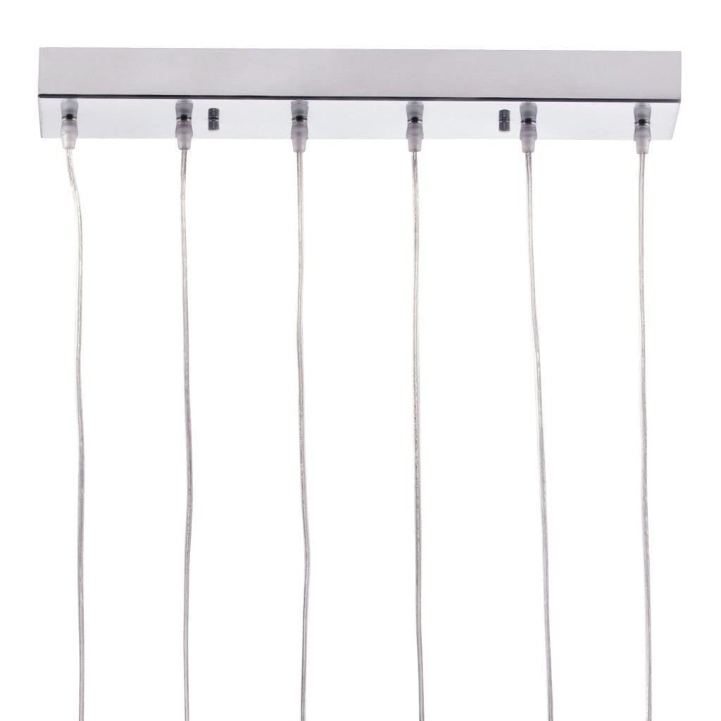 Silver kitchen island six light metal LED ceiling light with shades.