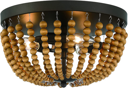 Oil rubbed bronze chandelier with wooden beads and circular flush mount design.