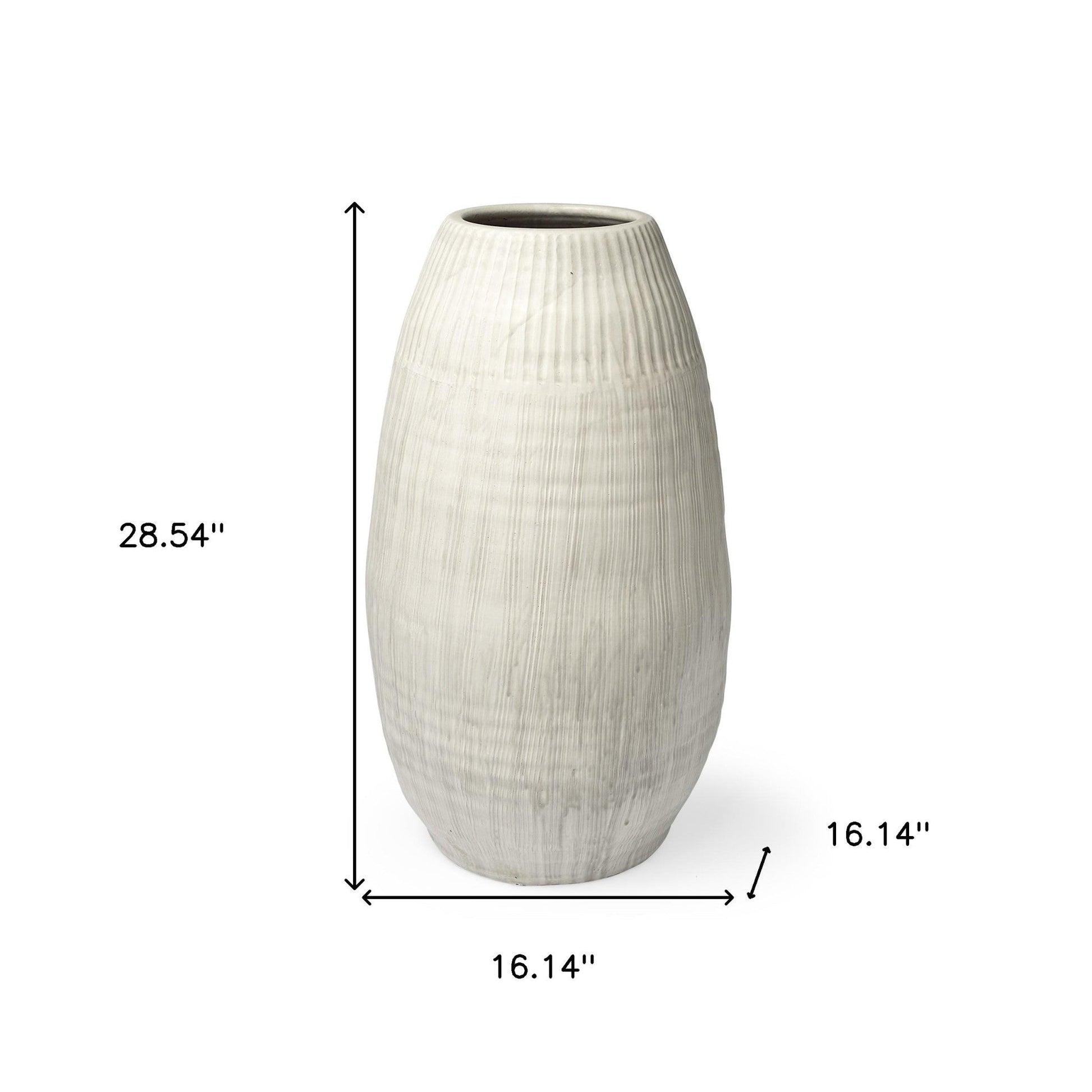 White embossed stripes ceramic vase with matte finish, 28.54" H x 16.14" W, handcrafted design.